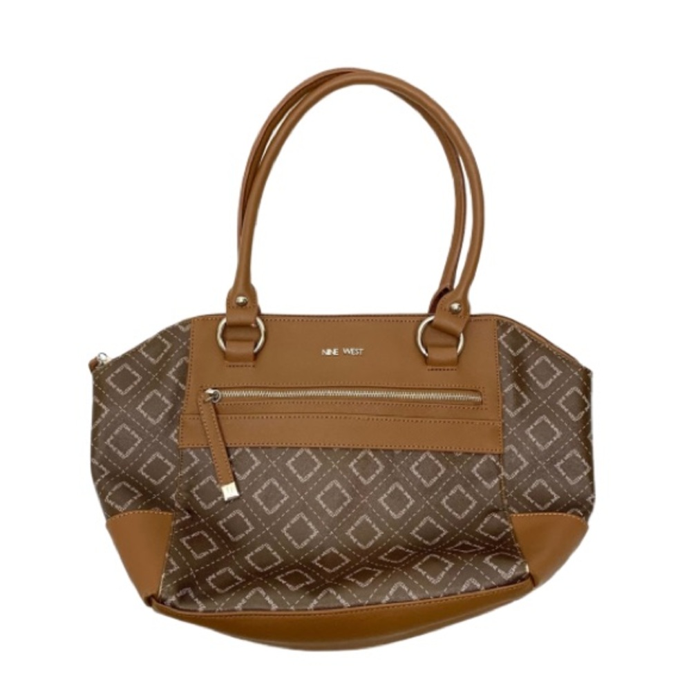 Nine West Brown Camel Tan All Over Geometric Pattern Contrast Satchel Purse